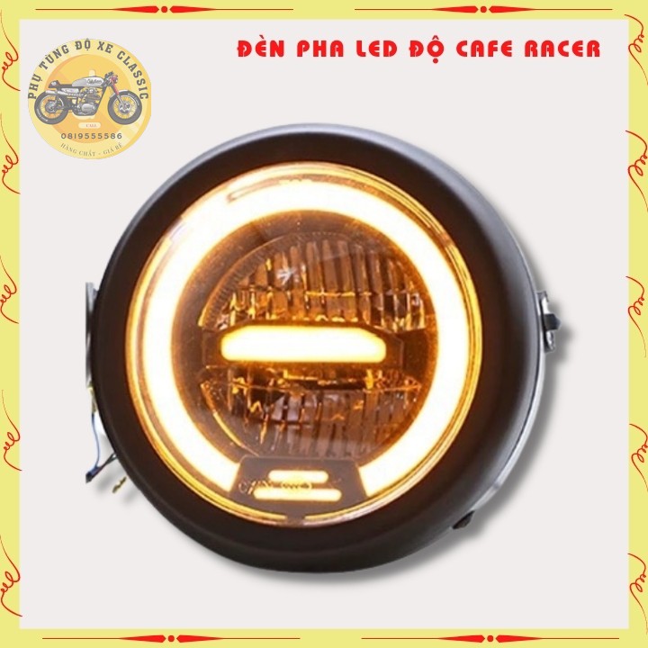 Đèn pha led cao cấp , đèn led pha độ xe máy CAFE RACER gáo sắt sơn đen mặt kính trong suốt