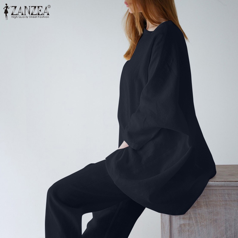 ZANZEA Bộ Áo Tay 3/4 Kiểu Dáng Đơn Giản + Quần Dài Ống Rộng Phong Cách Châu Âu Cho Nữ