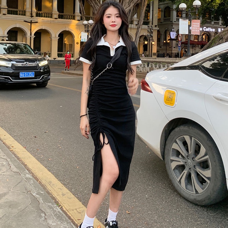 Đầm Tay Ngắn Cổ Polo Phong Cách Hàn Quốc 188527 Chân Váy Lửng Ôm Dáng Thời Trang Mùa Hè Gợi Cảm Cho Nữ