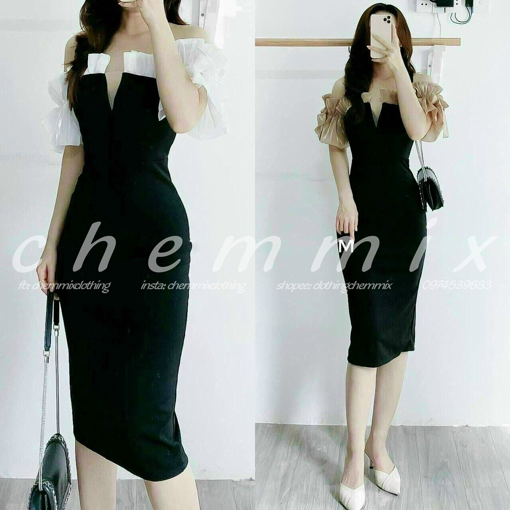 Đầm body tay phồng phối lưới cổ vuông ChemMix thiết kế siêu xinh cho nàng dự tiệc, dạ hội