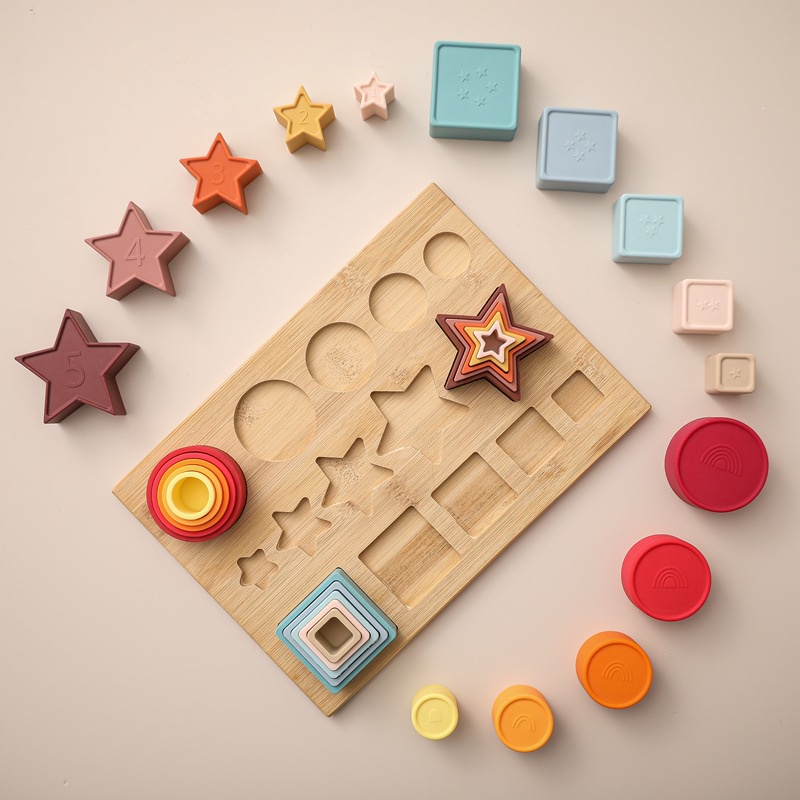 Bộ Đồ Chơi Xếp Chồng Silicon Mềm, nhận biết hình học theo phương pháp Montessori