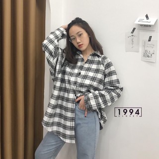 ÁO SƠ MI NỮ KẺ CARO KIỂU DÁNG ÁO SƠ MI NỮ FORM RỘNG TO ULZZANG - ÁO SƠ MI TAY BỒNG XÁM TRẮNG