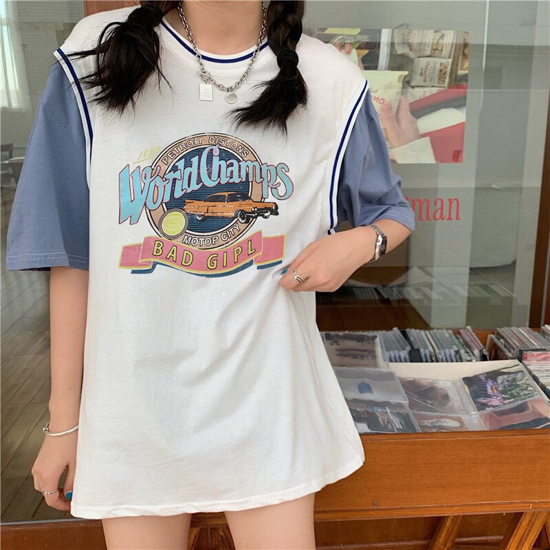 Áo thun form thụng tay lỡ phong cách ulzzang phối màu in chữ WORLD CHAMPS