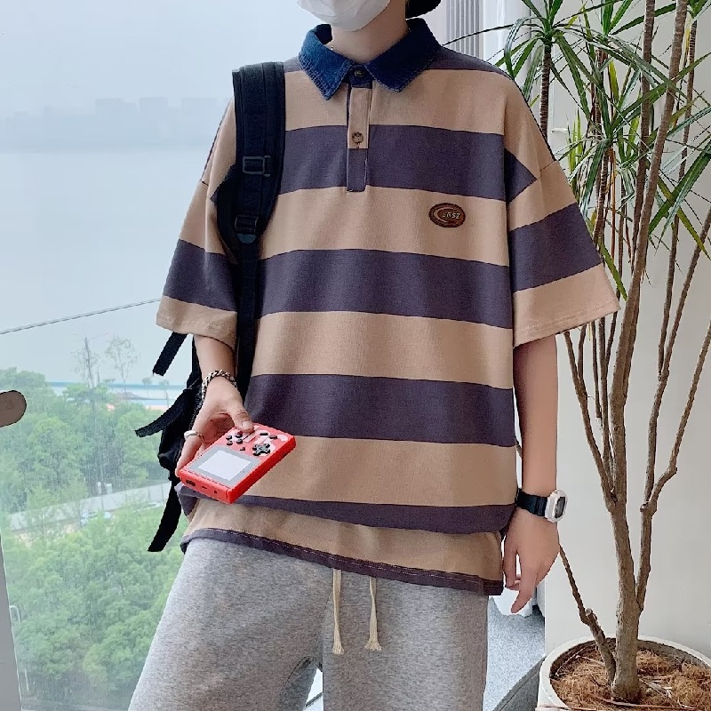 Áo Thun POLO Tay Ngắn Dáng Rộng Thoáng Khí In Họa Tiết Kẻ Sọc Phong Cách hip hop Đường Phố Hàn Quốc Thời Trang Mùa Hè Cho Nam