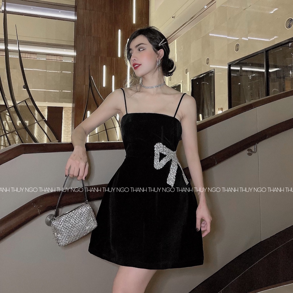 Váy Dự Tiệc Hai Dây THUYNGOTHANH đầm ngắn nơ bling bling sang chảnh