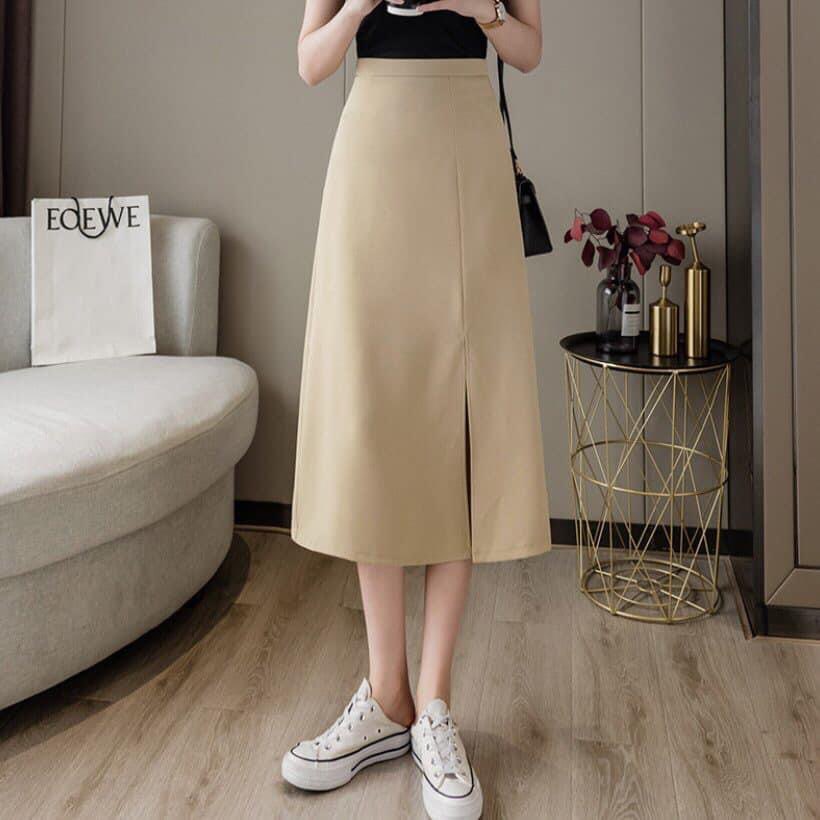 Chân váy midi xẻ tà cạp chun vải đũi màu be sáng
