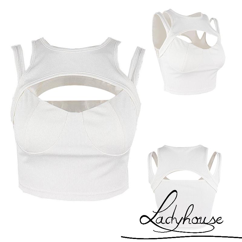LDD-Women Casual Crop Tops, Solid Color Hollow Out Slim Fit Sleeveless Patchwork Vest