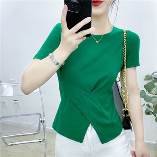 Áo Thun Tay Ngắn Xẻ Tà Chất Liệu 95% Cotton Thời Trang Mùa Hè Cho Nữ