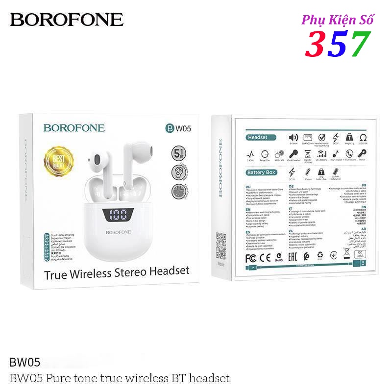 Tai nghe bluetooth Borofone BW05 âm thanh tuyệt đỉnh, cảm ứng, hiển thị % pin dock sạc - BH 12 tháng