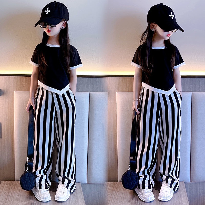 Bộ Áo Tay Ngắn Phối Quần Ống Rộng Thời Trang Mùa Hè Cho Bé Gái 2-14 Tuổi