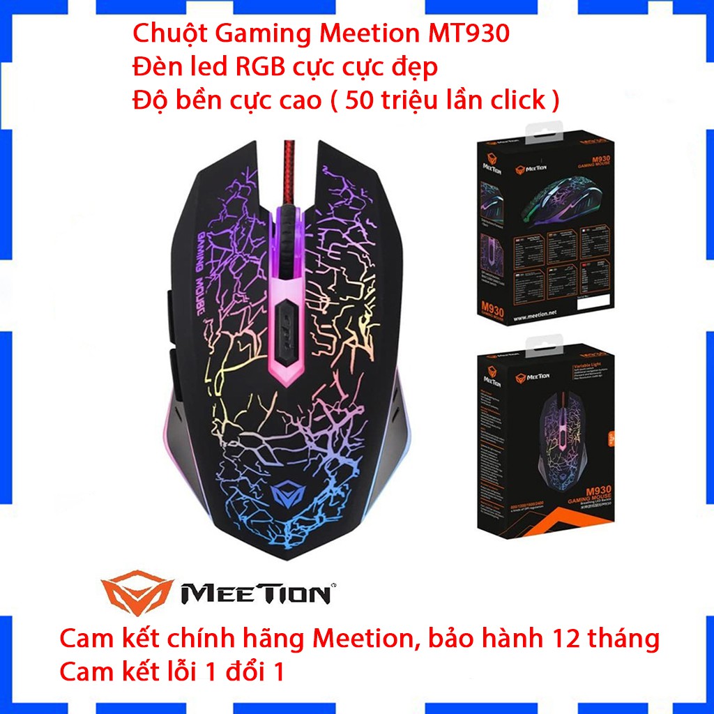Chuột Gaming Meetion MT930 - Đèn led RGB cực đẹp - Độ bền 50 triệu lượt click - Cam kết chính hãng - Bảo hành 12 tháng
