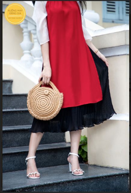 SET ÁO DÀI YẾM ĐỎ CHÂN VÁY DẬP LY
