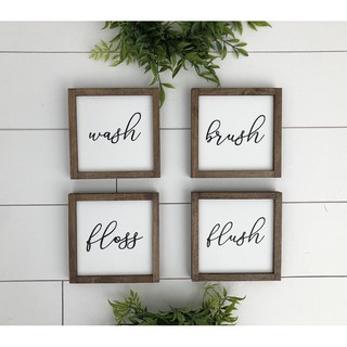 Set 4 Biển hiệu gỗ handmade phòng tăm phong cách vintage "wash, brush, fluss, fush"