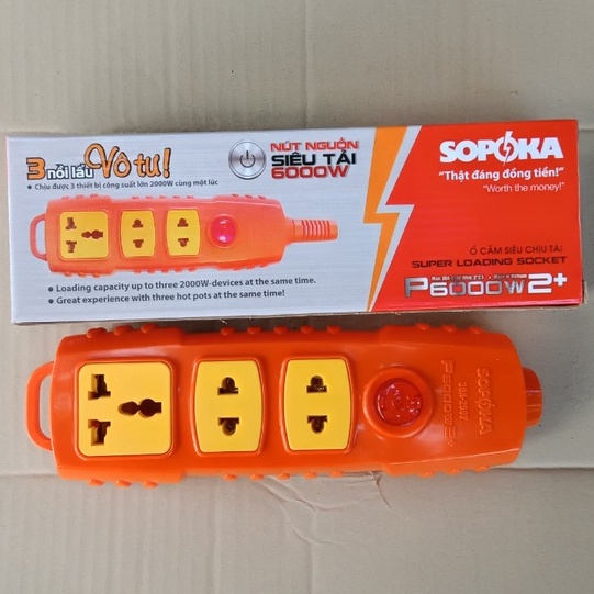 Ổ cắm siêu chịu tải 6000W 2+ SOPOKA loại 3 ổ công tắc 16 A