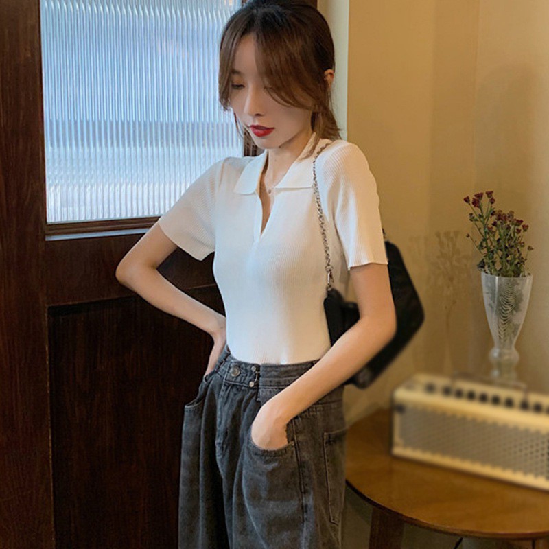 Áo Thun Dệt Kim Cổ Chữ V Tay Ngắn Màu Trơn Thanh Lịch