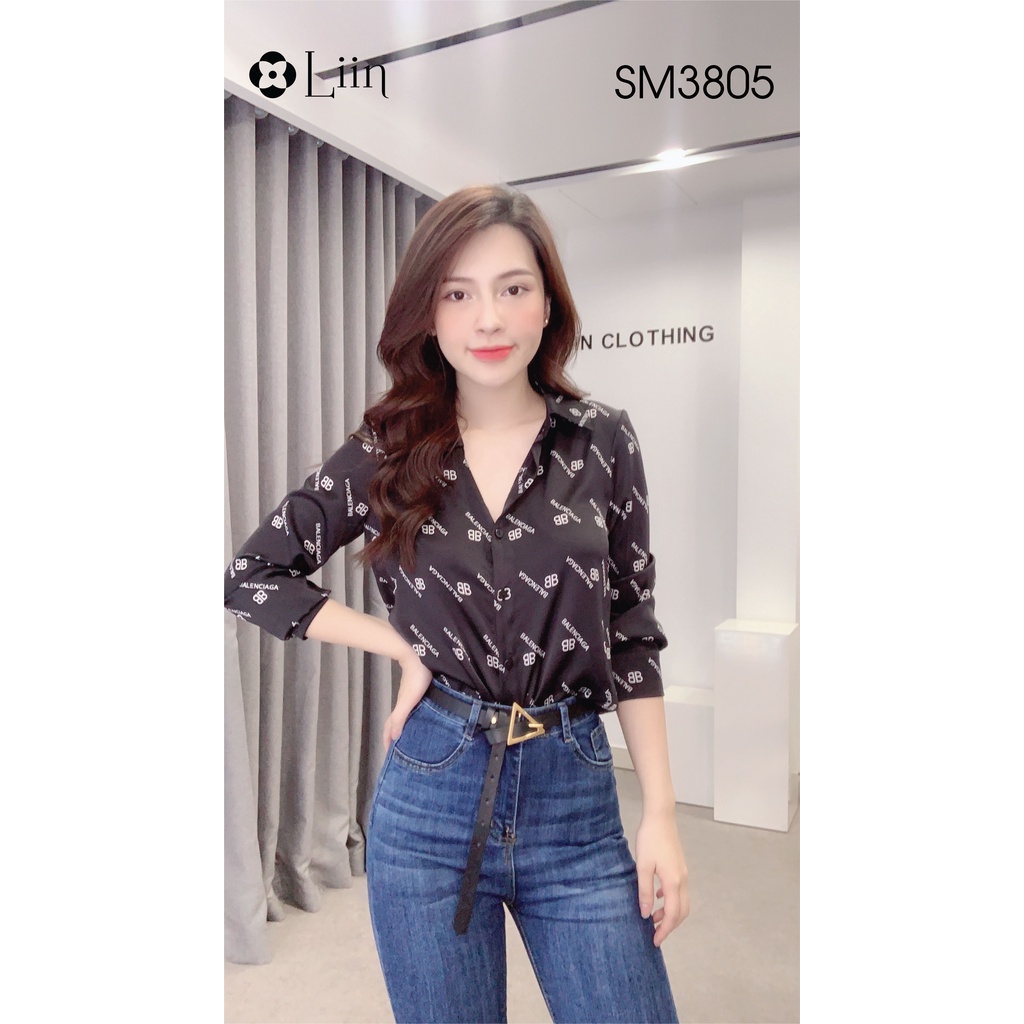 Áo Sơ Mi nữ màu Đen họa tiết Chữ cá tính, chất liệu lụa đẹp, dễ mix đồ Liin Clothing SM3805