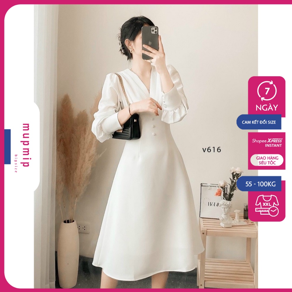 Đầm Dự Tiệc Nữ Trắng Bigsize Dáng Suông Váy Xoè Nhẹ Cổ V Nút Bọc Tay Dài Tôn Dáng Sang Chảnh Mupmip D958