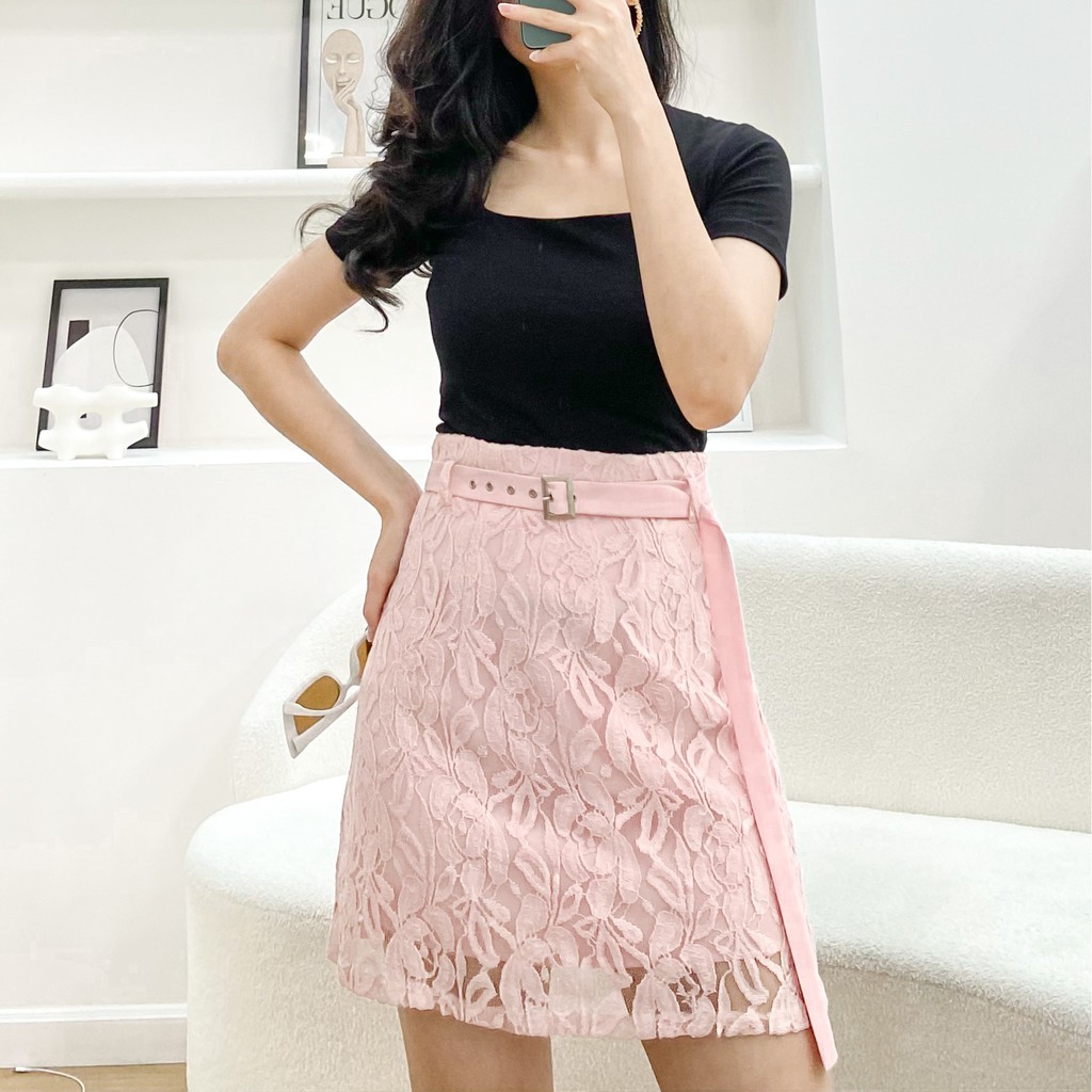 Chân váy ren chữ A kèm dây belt phong cách barbiecore Vella Fashion VV19149