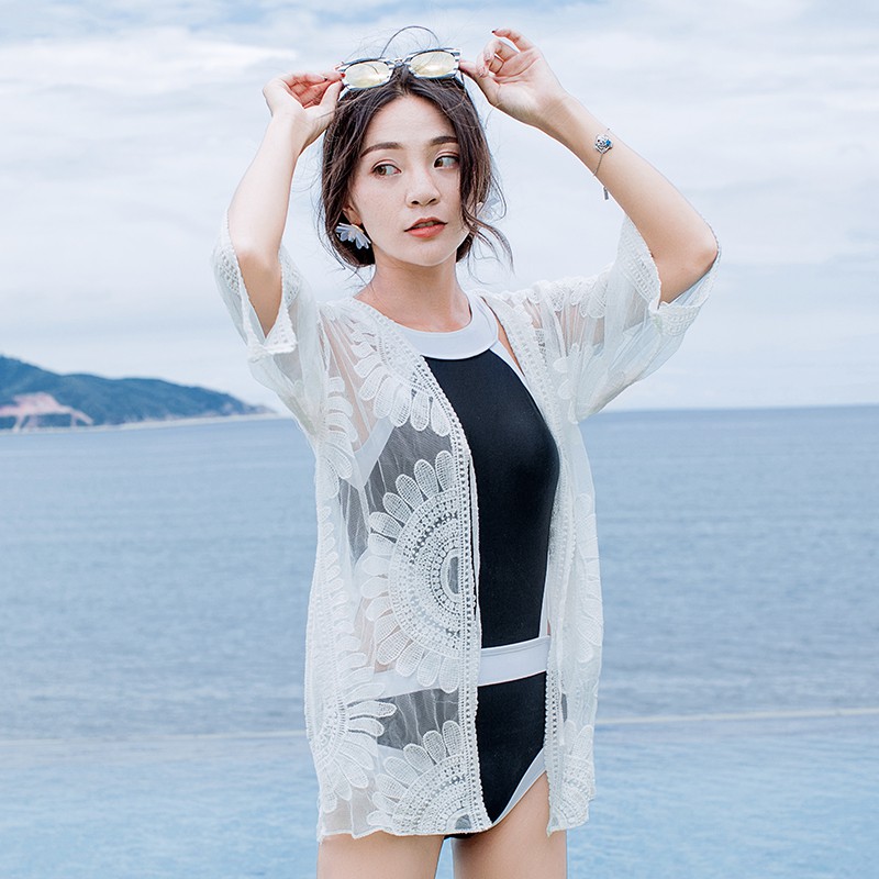 Áo khoác ngoài Bikini phối ren lỗ thời trang đi biển 2019 quyến rũ