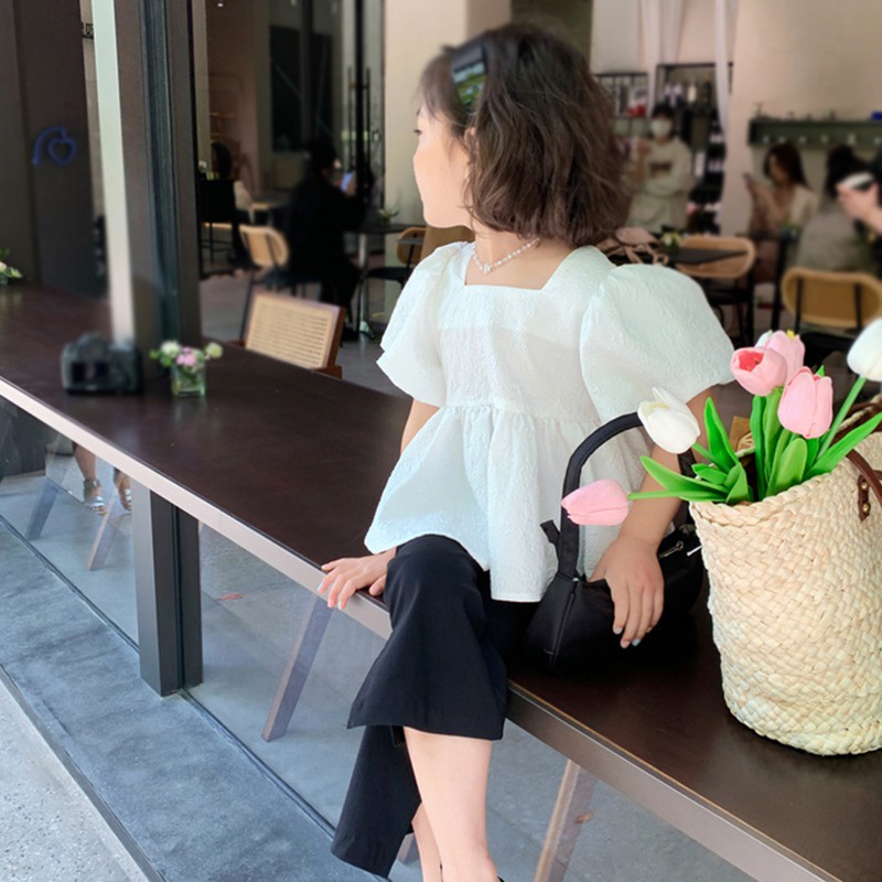 Áo Tay Phồng Ngắn Cổ Vuông Thắt Nơ Thời Trang Mùa Hè Hàn Quốc Cho Bé Gái