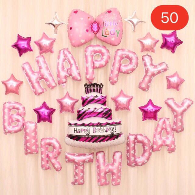 Set bóng trang trí sinh nhật nơ hồng (kèm bơm và keo dán)