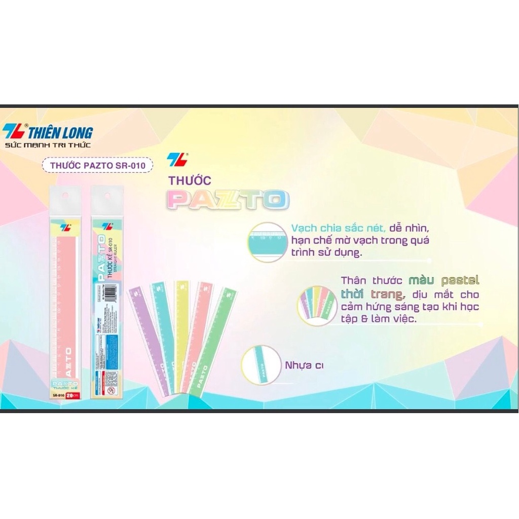 Thước nhựa thẳng màu Pastel SR010 dài 20 cm Thiên Long Pazto SR-010