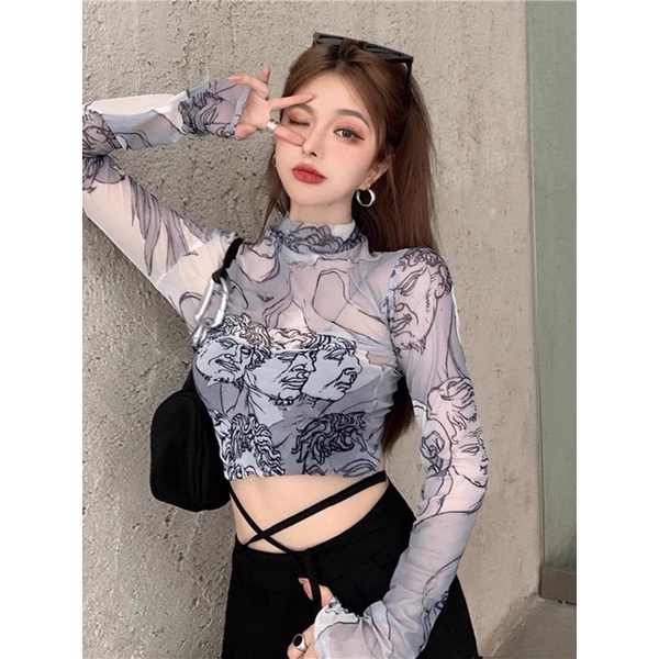 Áo Croptop lưới in hình hoạ tiết độc lạ