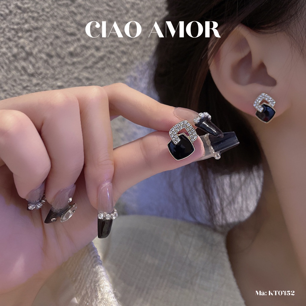 KT0452-Khuyên tai nữ, Bông tai nưc bạc 925 lớp vuông đen đính ngọc đơn giản thanh lịch Trang sức Ciao Amor