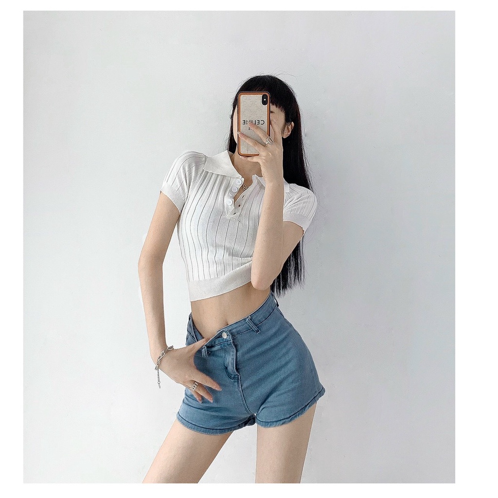 Áo len dệt kim croptop cổ đức cài khuy