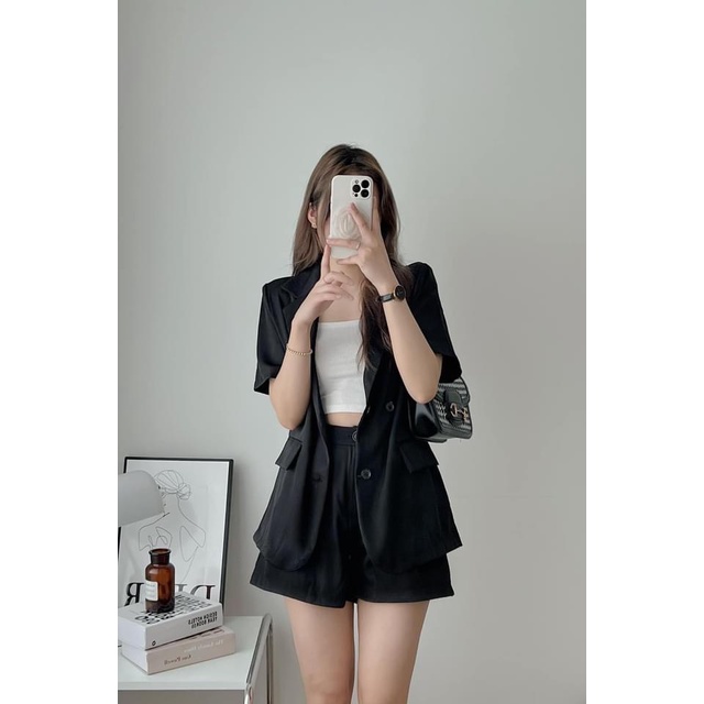 [ẢNH THẬT]Bộ blazer Trơn Xẻ Tay sang chảnh màu đen trơn-Set dáng suông rộng trượt vạt bầu dáng rộng- áo vét khoác vestt
