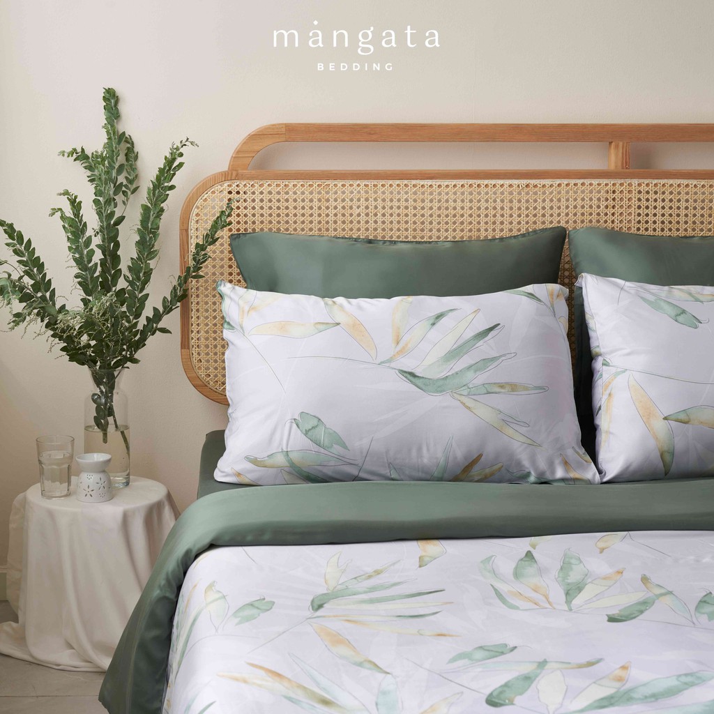 Bộ chăn ga gối Tencel 60s cao cấp MANGATA BEDDING họa tiết lá xanh, 1 drap + 1 chăn + 2 vỏ gối nằm (1m6/1m8)
