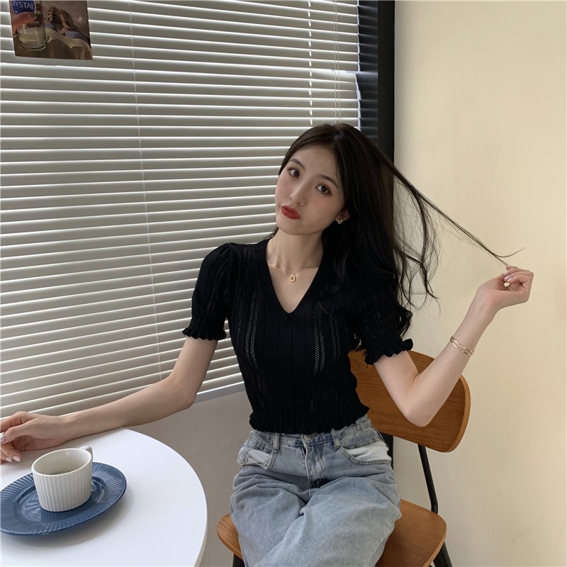 AimeiBeauty Cutout V-neck short-sleeved knitted slim croptop T-shirt | BigBuy360 - bigbuy360.vn