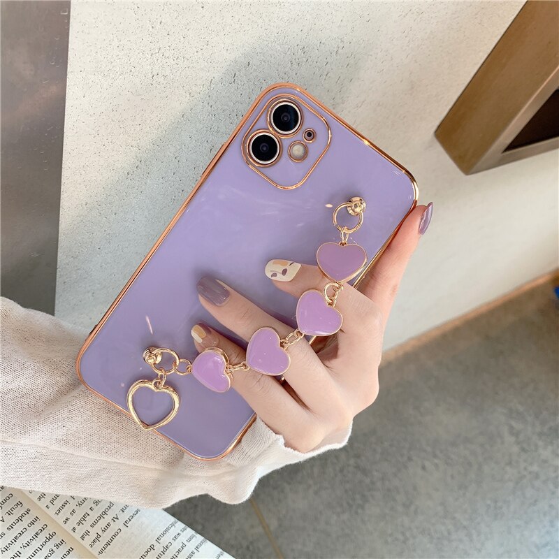iPhone 12 Pro Max Case Luxury Gold Plated Heart Bracelet Hand Strap Cover  iPhone PRO MAX 11 XS MAX XR X XS 7 8 Plus Case