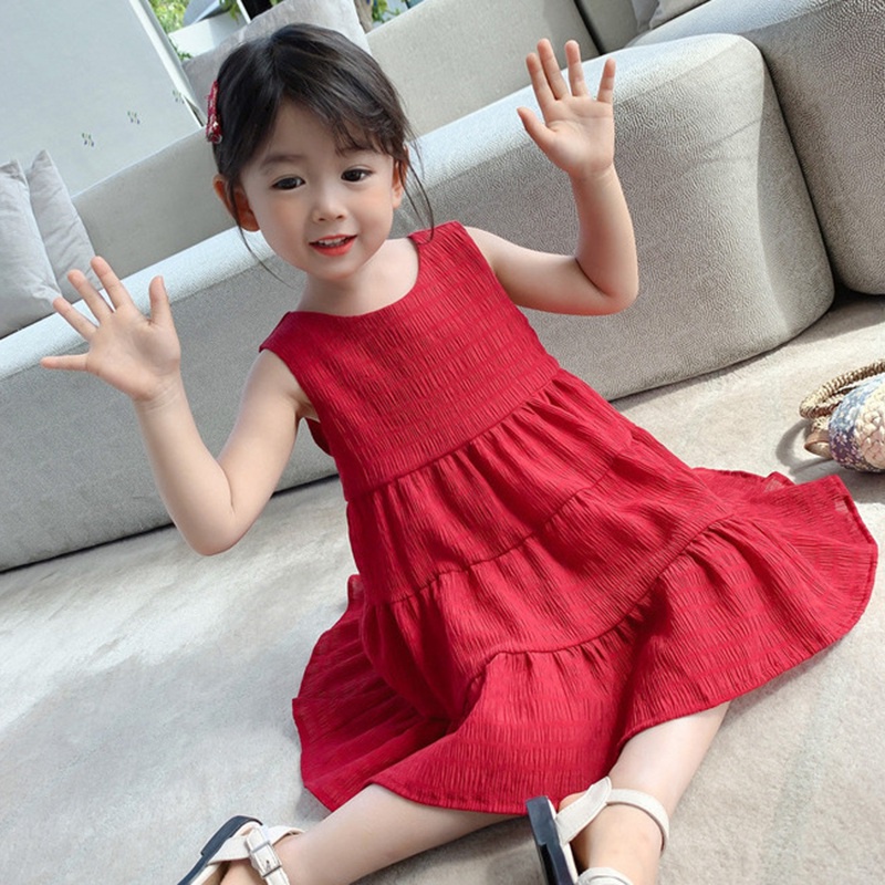 Đầm Công Chúa Mùa Hè Không Tay Hở Lưng Màu Trơn Cho Bé Gái Se7En