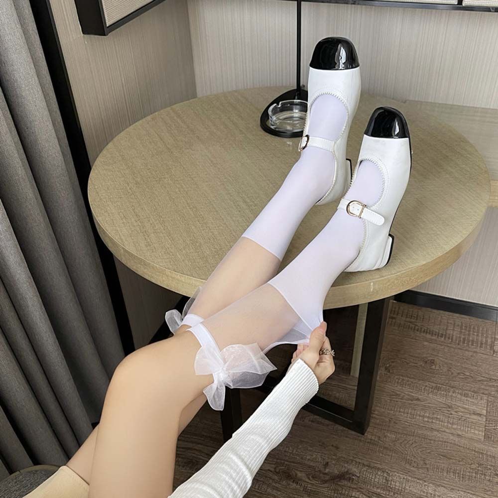 Vớ cao ngang bắp chân/ đến đầu gối vải ren mỏng trang trí nơ dễ thương phong cách retro lolita cho nữ