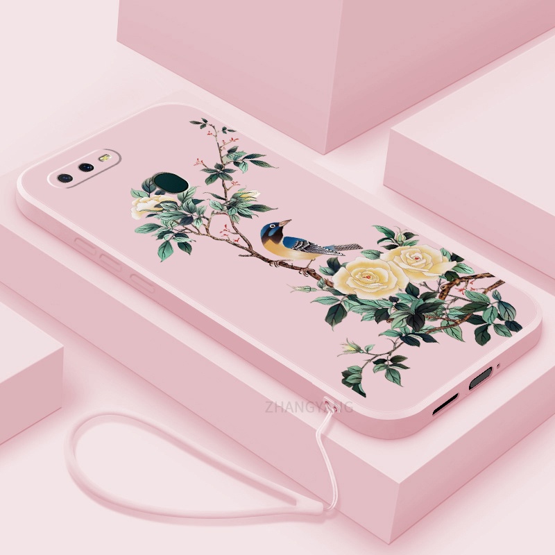 Ốp Điện Thoại TPU Viền Thẳng Họa Tiết Hoa Và Chim Kèm Dây Đeo Cho oppo a5s a12 a7 f9