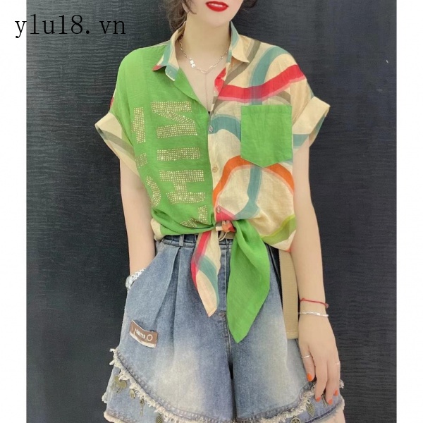Áo Sơ Mi Chiffon Ngắn Tay Phối Màu Họa Tiết Kẻ Sọc Đính Đá Thời Trang Mùa Hè Năm 2021 Cho Nữ