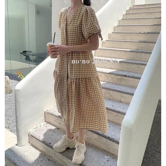 Bomi Dress - Đầm babydoll caro nút