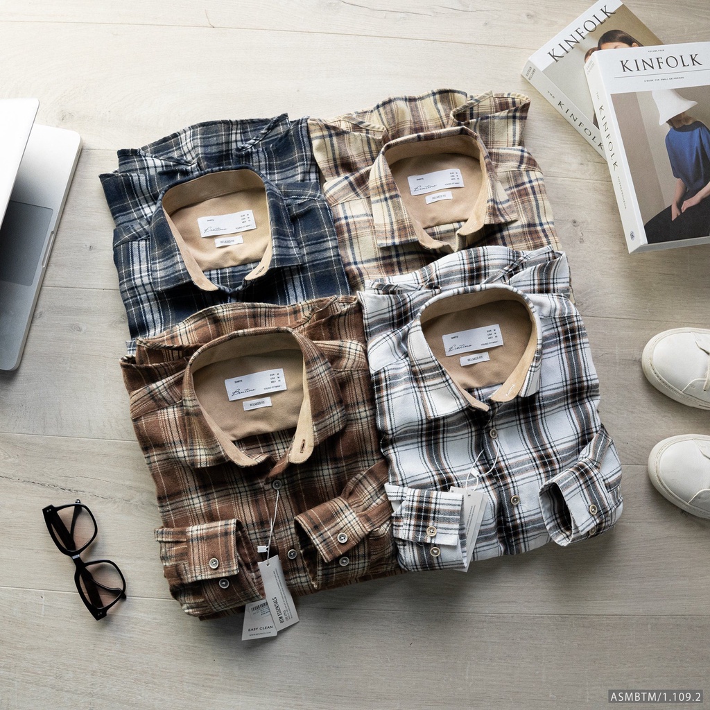 Áo Sơ Mi dài tay Caro Nam Flannel Bentino Form Slimfit chất vải dạ, tay phối da lộn cực bụi, hàng VNXK