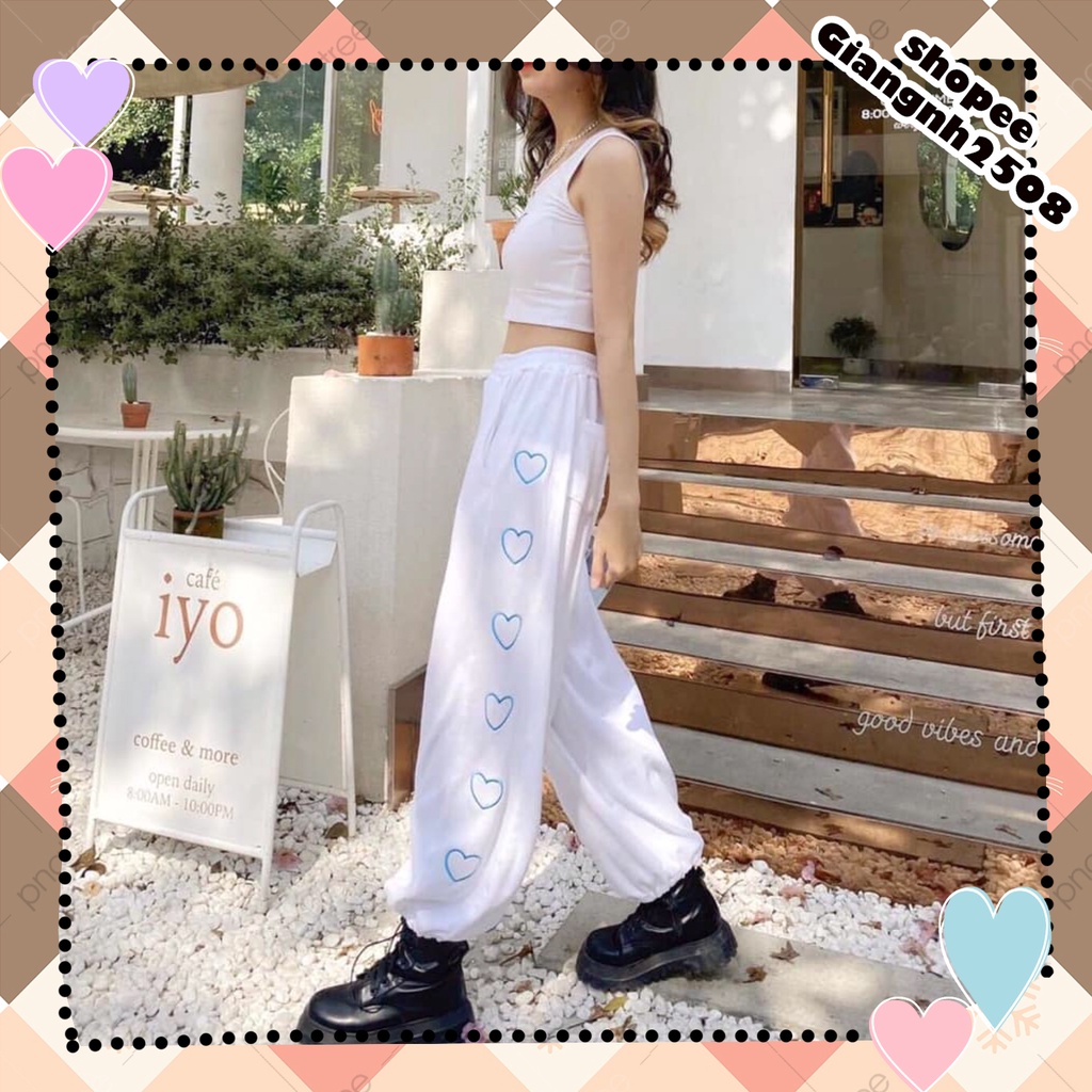 Q011 Quần Jogger đen trắng ưng cao dọc tim cỡ rộng unisex, Quần dài ống bom dây rút nam nữ thể thao cá tính hè thu đông