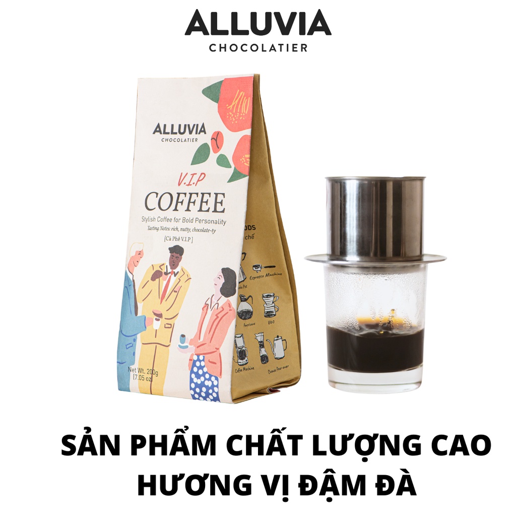 Cà phê nguyên chất rang mộc Alluvia V.I.P rang xay gói 200 gram không chất bảo quản hương vị đậm đà