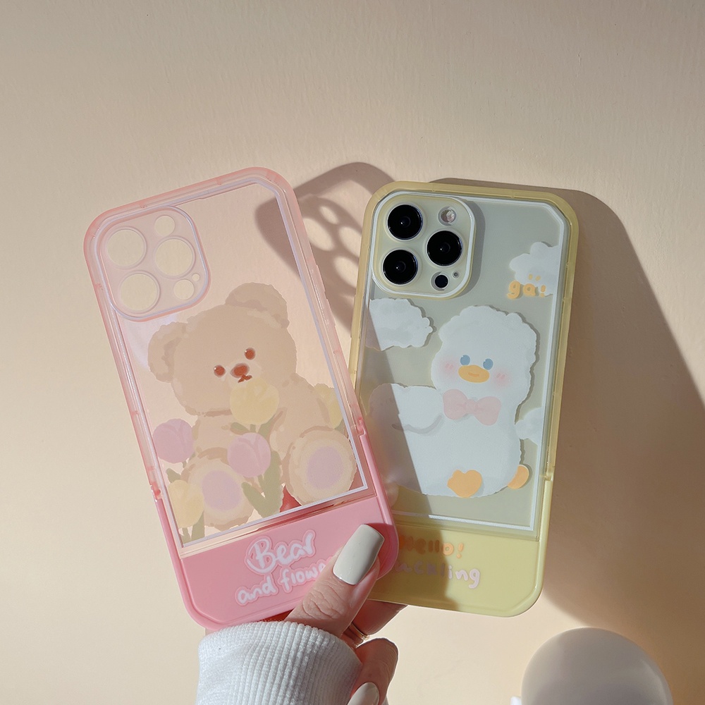 Casing For IPhone 13 12 11 7 8 Plus X Xs Xr Pro Max 7+ 8+ SE 2020 Xsmax Promax 13Promax 12Promax 11Promax Stand Cute Cartoon Flower Bear Duck Invisible folding bracket couple friends Phone Back Case Cover TX 03