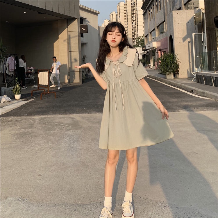 Đầm Chữ A Tay Ngắn Cổ Peter Pan Cột Dây Dáng Rộng Thiết Kế Mới Thời Trang Cho Sinh Viên