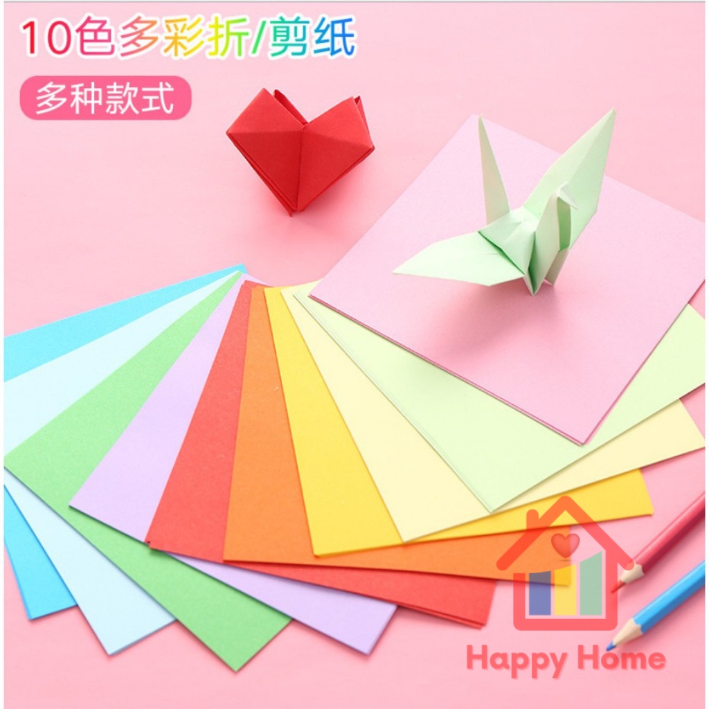 Tệp 100 tờ giấy gấp Origami, giấy thủ công gấp hạc hoa (10 màu tổng 100 tờ) nhiều kích thước Happy Home