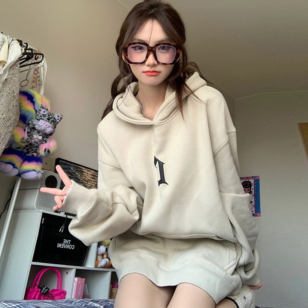 Áo hoodie form rộng dày 2022, hoodie form rộng nữ nỉ bông màu be mũ 2 lớp