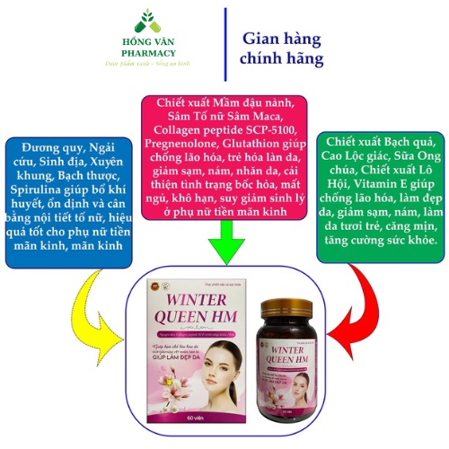 Viên Sâm tố nữ, mầm đậu nành, Collagen WINTER QUEEN HM giúp làm đẹp da, giảm sạm, nám, vết nhăn, bốc hỏa tiền mãn kinh
