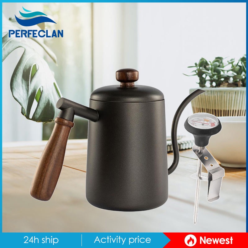 Ấm Đun Nước Bằng Thép Không Gỉ Cổ Ngỗng 600ml Với Nhiệt Kế Hẹp Dài