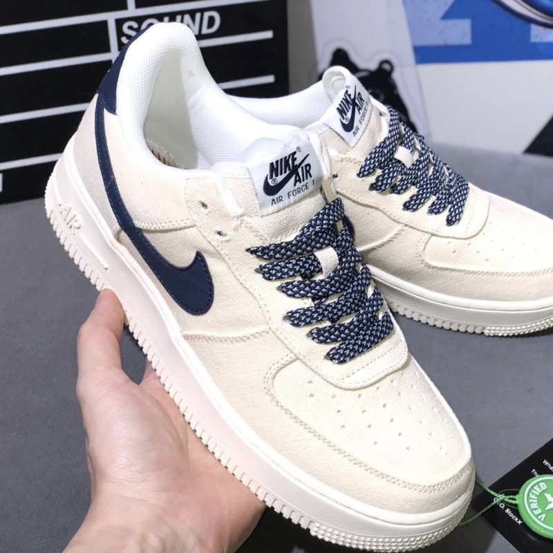Giày Nike_air force 1, AF1 beige deep blue bản vải màu be, AF1 vàng cát vệt xanh cao cấp, tặng box bảo vệ