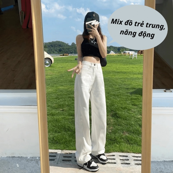 Quần jean nữ trắng trơn/Quần bò ống rộng lưng cao mặc hack dáng chất liệu jean dày dặn GODO QD32