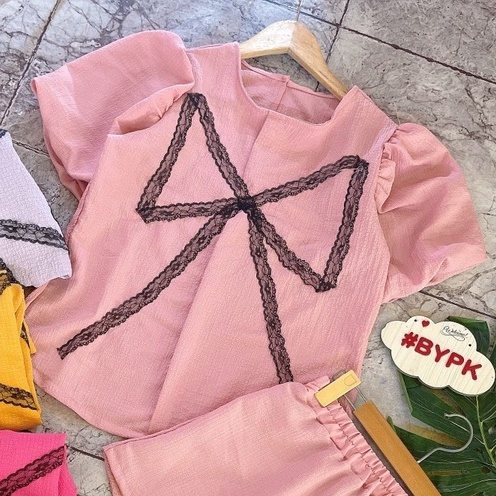 Bộ ngủ màu hồng phấn dễ thương, bôn ngủ ngắn cho nữ, đô ngủ nơ cute T-FASHION 24H PN4